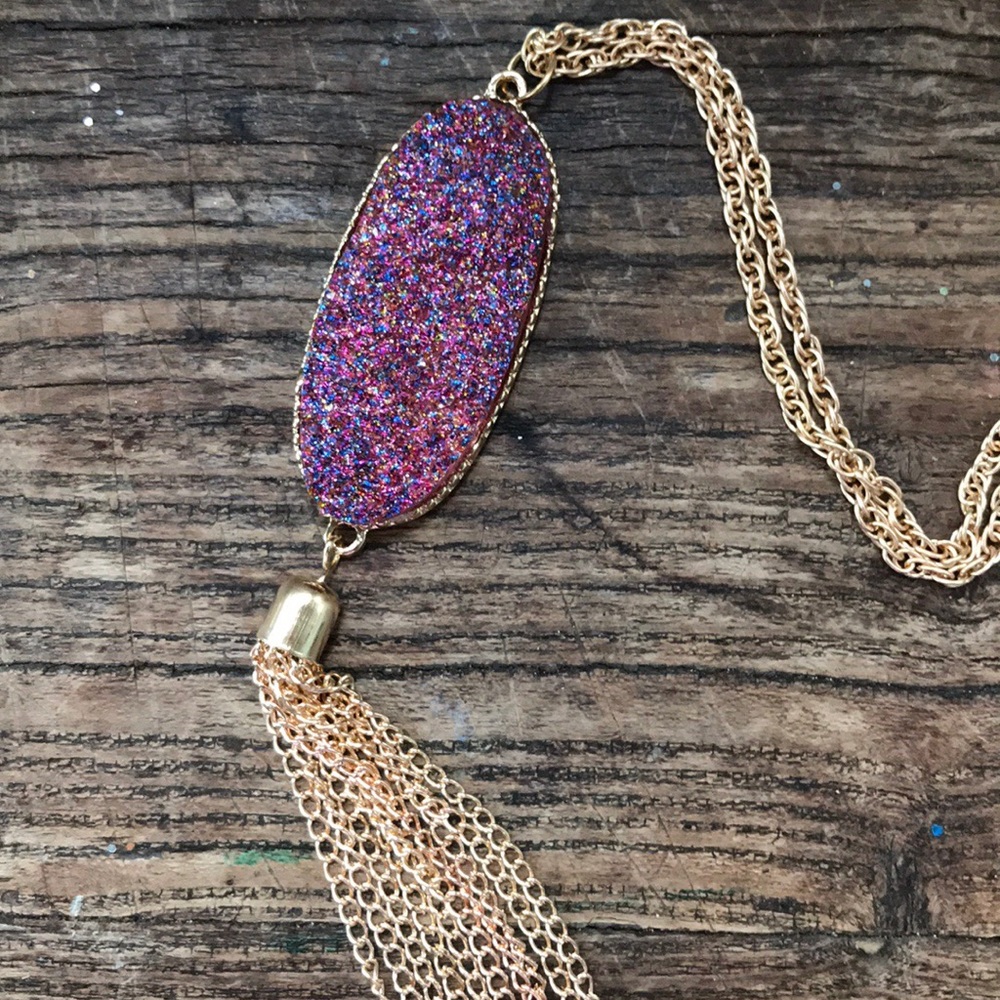 New! Purple Druzy Stone Tassel Necklace - Picture 2 of 8